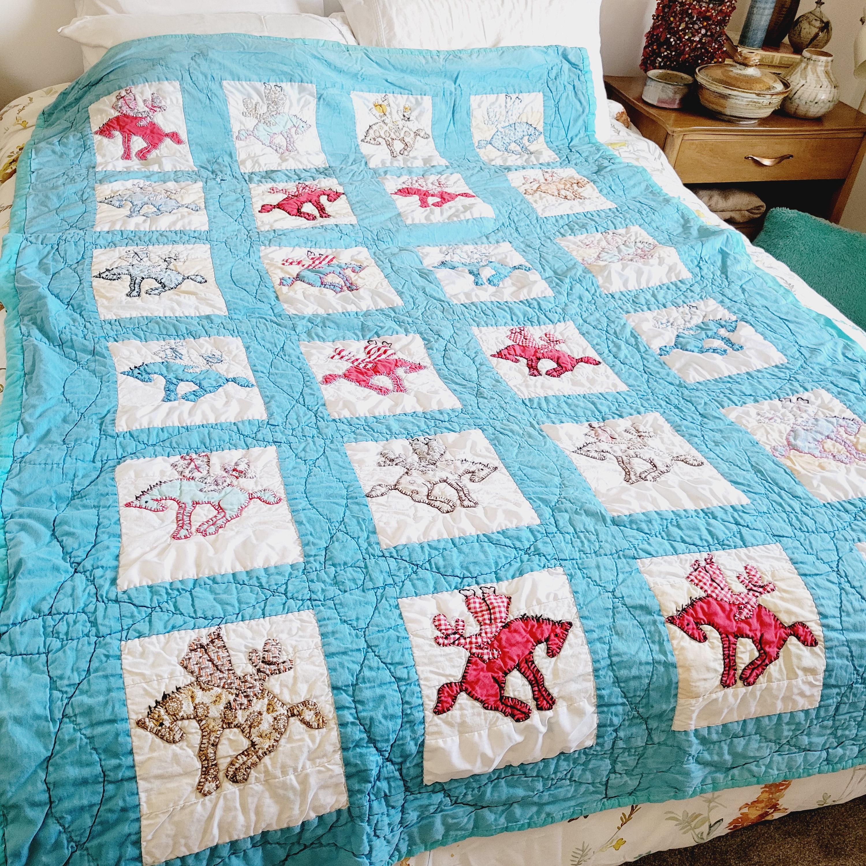 70s Kitschy Cowboy Handmade Patchwork Quilt. Colorful Vintage 