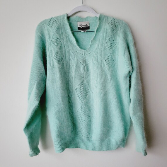UprightVintageMI Vintage Pastel Blue Green Angora Sweater. Soft Natural Fibers Scalloped Neckline Pullover. Candy colored Mint Teal Sweater. Light Academia