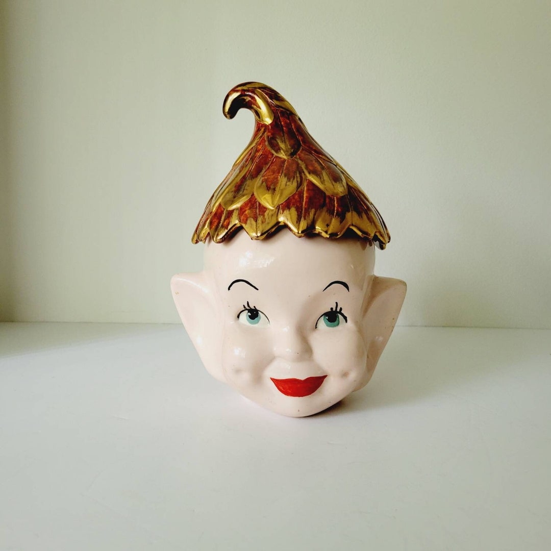 1950s Kitschy Christmas Elf Large Ceramic Cookie Jar. Collectible