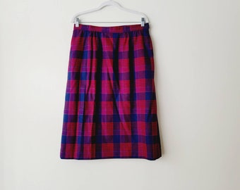 Vintage jaren 70 geruite rok, paarse en rode wolmix, hoge taille midi