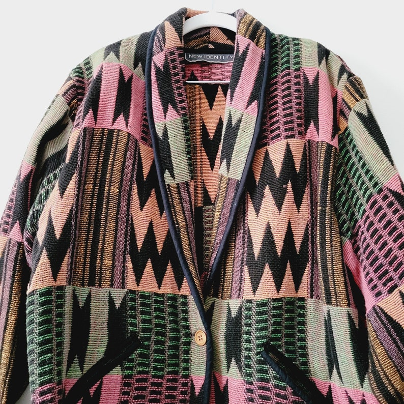 Colorful Zig Zag Bright Pastel Jacket. Vintage Mixed Pattern Blazer Jacket. Funky Southwest Style Blazer. Neon Maximalist Boxy Cotton Jacket image 6