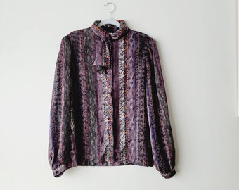 Vintage 80s Puffy Sleeve Blouse, Striped Novelty Print, Necktie Collar