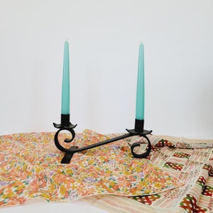 Two-Pronged Wrought Iron Candle Holder. Vintage Curled Metal Candelabra. Antique Primitive Dual Sided Mantel Candle Holder Centerpiece