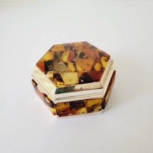 Vintage Patchwork Amber and Gold Lucite Trinket Box. Geometric Hexagon Shaped Small Jewelry Box. Warm Tone Mosaic Catchall Box with Lid