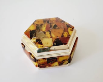Vintage Tortoiseshell Lucite Hexagonal Trinket Box – Amber Gold Mosaic Jewelry Catchall