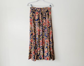 90s Hibiscus Print Midi Skirt. Vintage Boho Floral Button Front Maxi Skirt. Flowy Elastic Waist Long Summer Skirt. Lightweight Midi Skirt