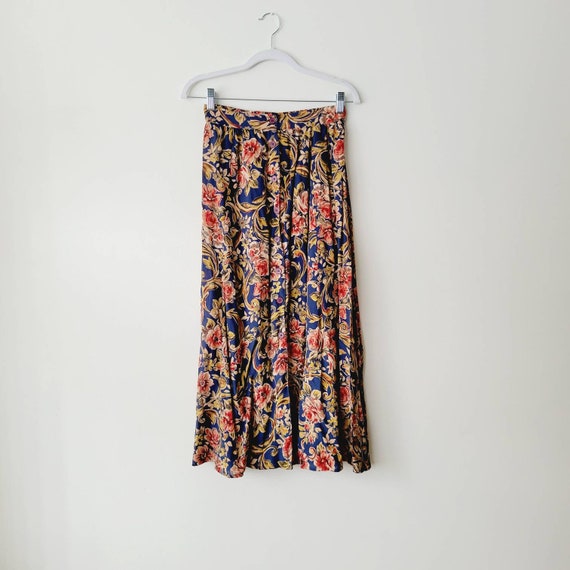 90s Hibiscus Print Midi Skirt. Vintage Boho Flora… - image 1