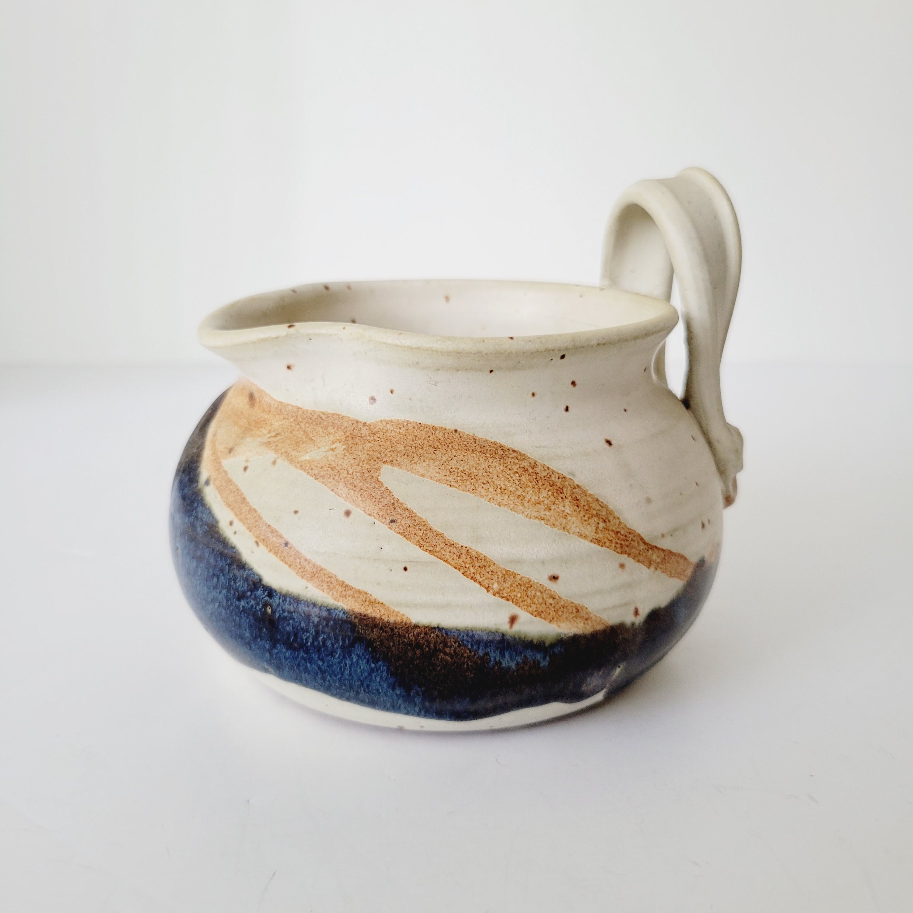 Vintage Art Pottery Pastel Pitcher. Low Round Ceramic Catchall. Streaky Glaze Tall Handle Pottery Pitcher. Studio Pottery Jewelry Holder
