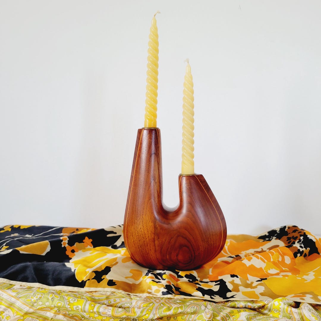 Curved Atomic Hand-carved Tiered Candelabra. Vintage Inlaid Wood