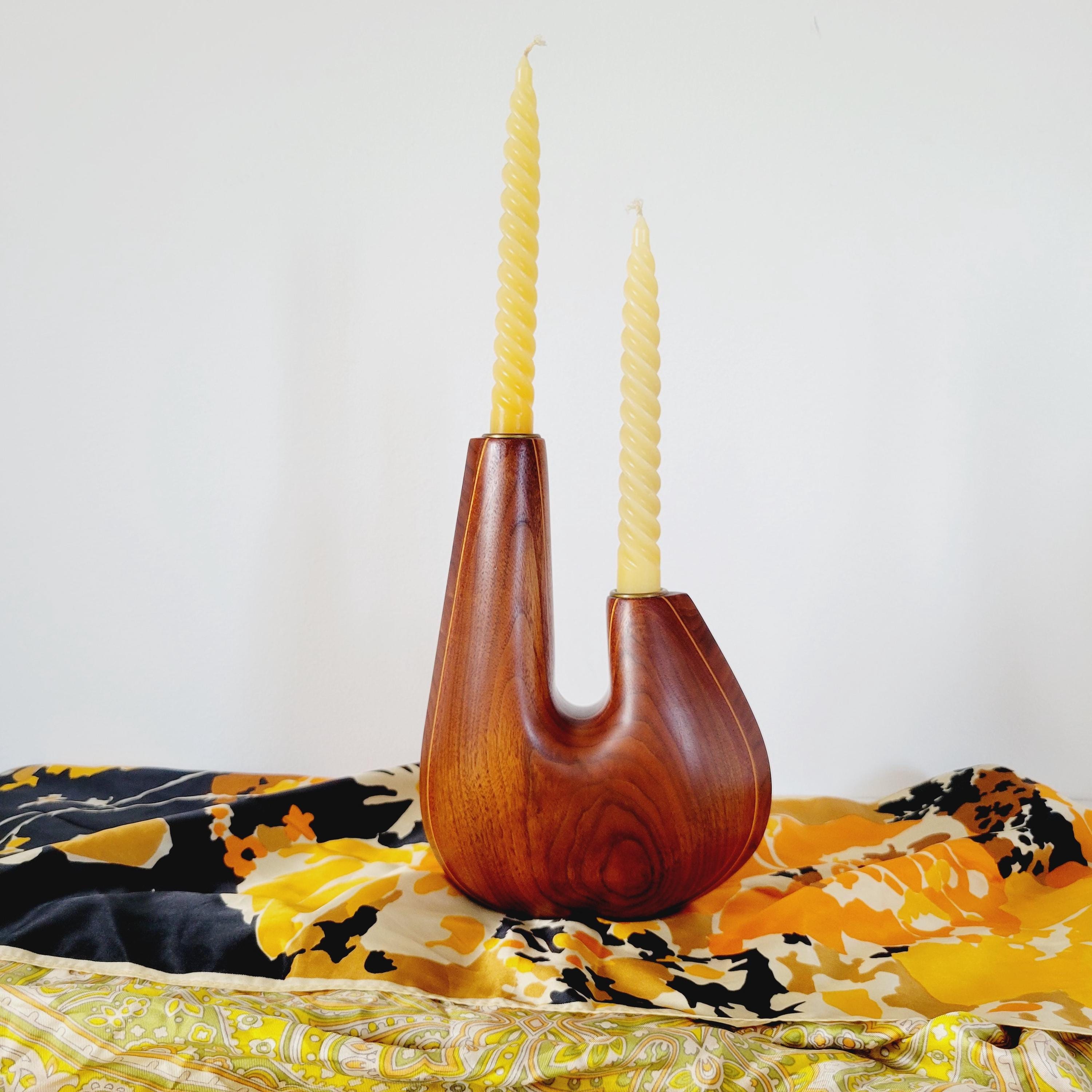 Curved Atomic Hand-carved Tiered Candelabra. Vintage Inlaid Wood