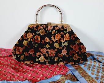 Slouchy Floral Flocked Velvet Carpet Handbag. Vintage Textured Flower Print Satchel Purse. Small Overnight Bag with Tortoiseshell Handle