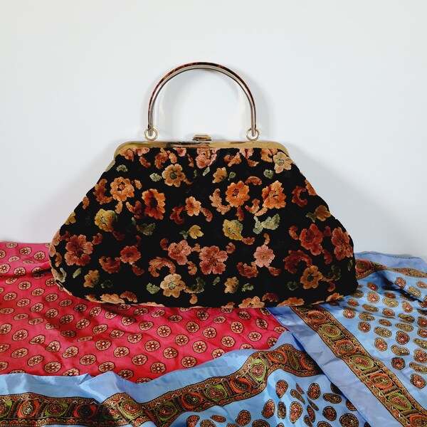 Slouchy Floral Flocked Velvet Carpet Handbag. Vintage Textured Flower Print Satchel Purse. Small Overnight Bag with Tortoiseshell Handle