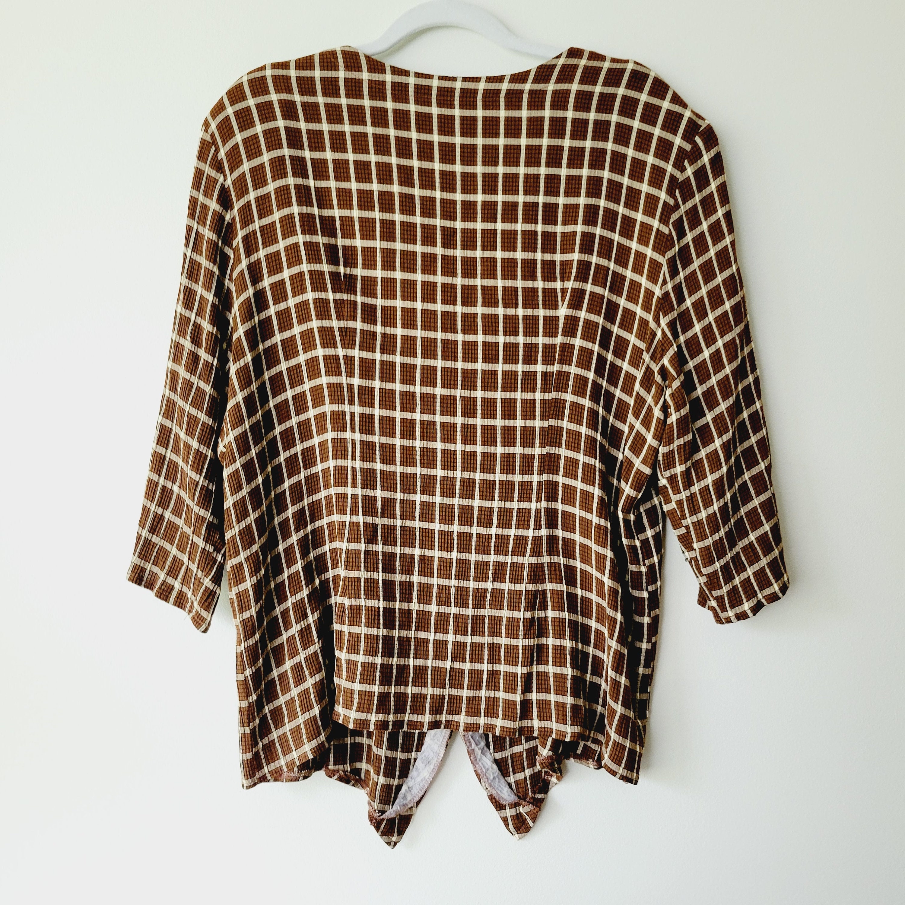 80s Grid Patterned Button up Blouse. Vintage Brown and Cream