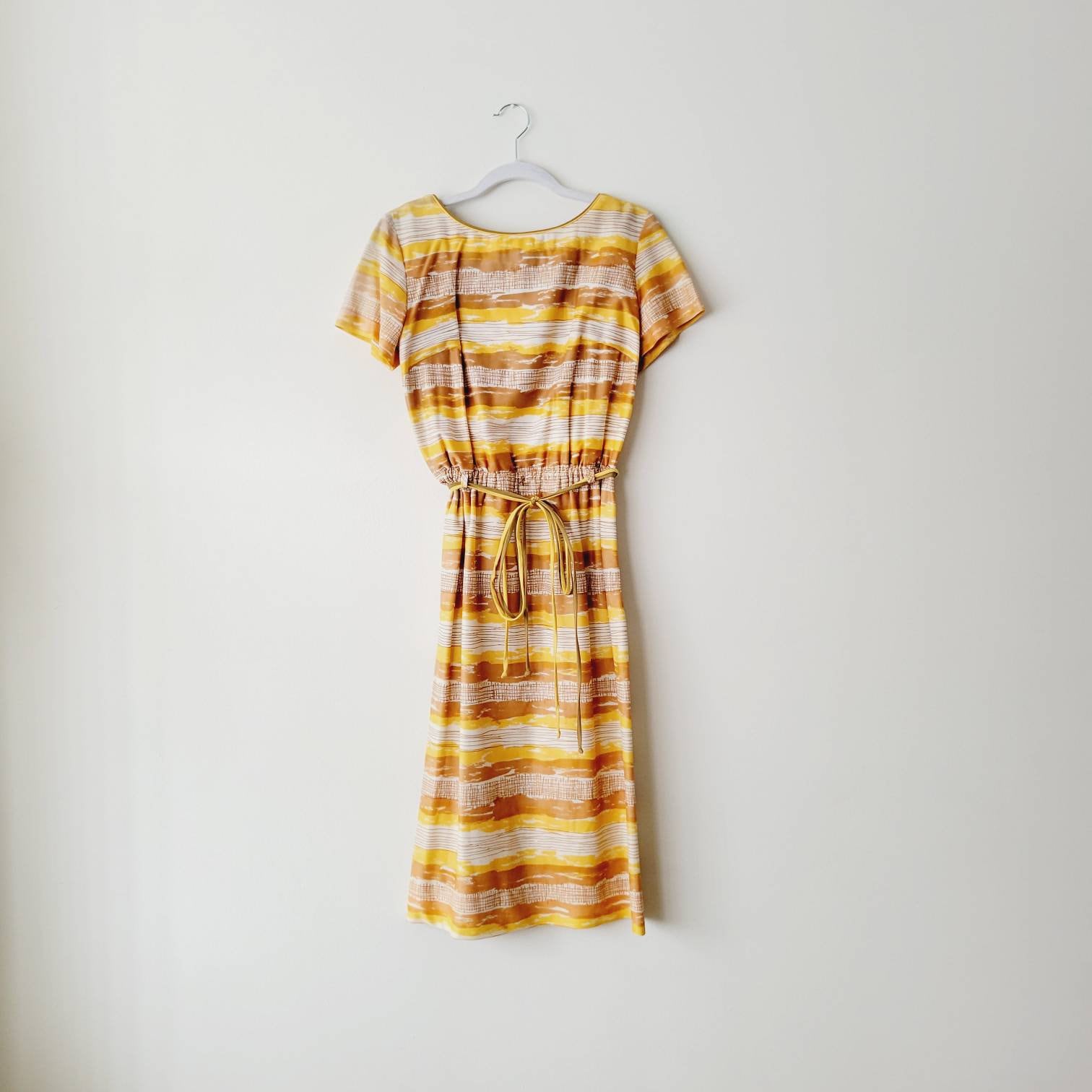 Boho 70s Abstract Striped Sunny Yellow Cinched Waist Dress