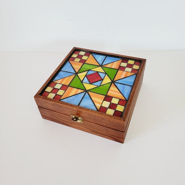 Colorful Geometric Stained Glass and Teak Wood Trinket Box. Vintage Patchwork Glass Catchall Vessel. Teak Jewelry Holder with Lid