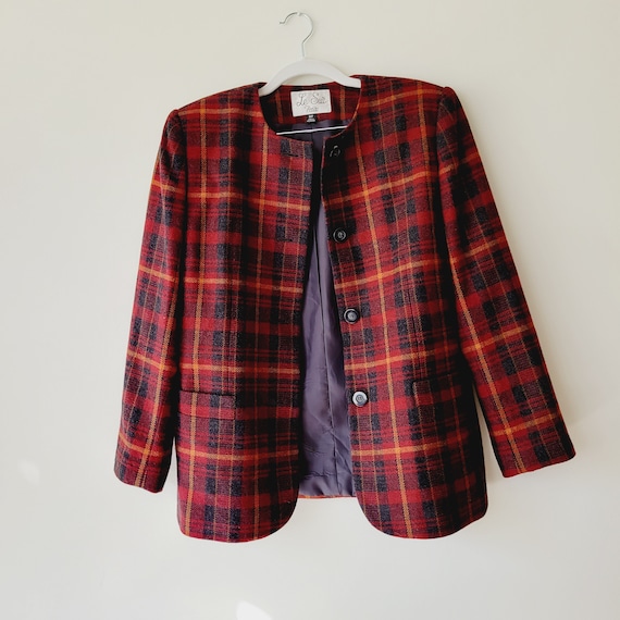 Classic Red Plaid Vintage Wool Blazer. Bold Plaid 