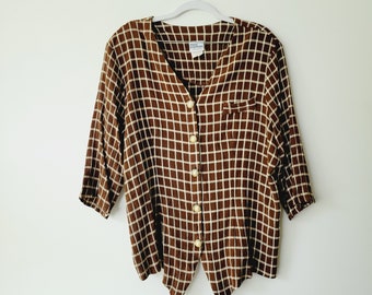 80s Grid Patterned Button Up Blouse. Vintage Brown and Cream Mod Grid Woven Blouse with Pearl Buttons and Front Chest Pocket