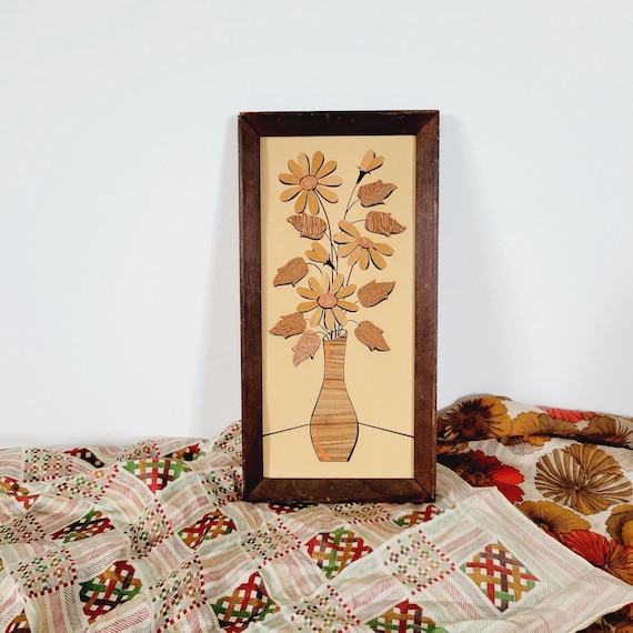 70s Boho Balsa Wood Floral Tiki Art. Kitschy Floral Wall Hanging