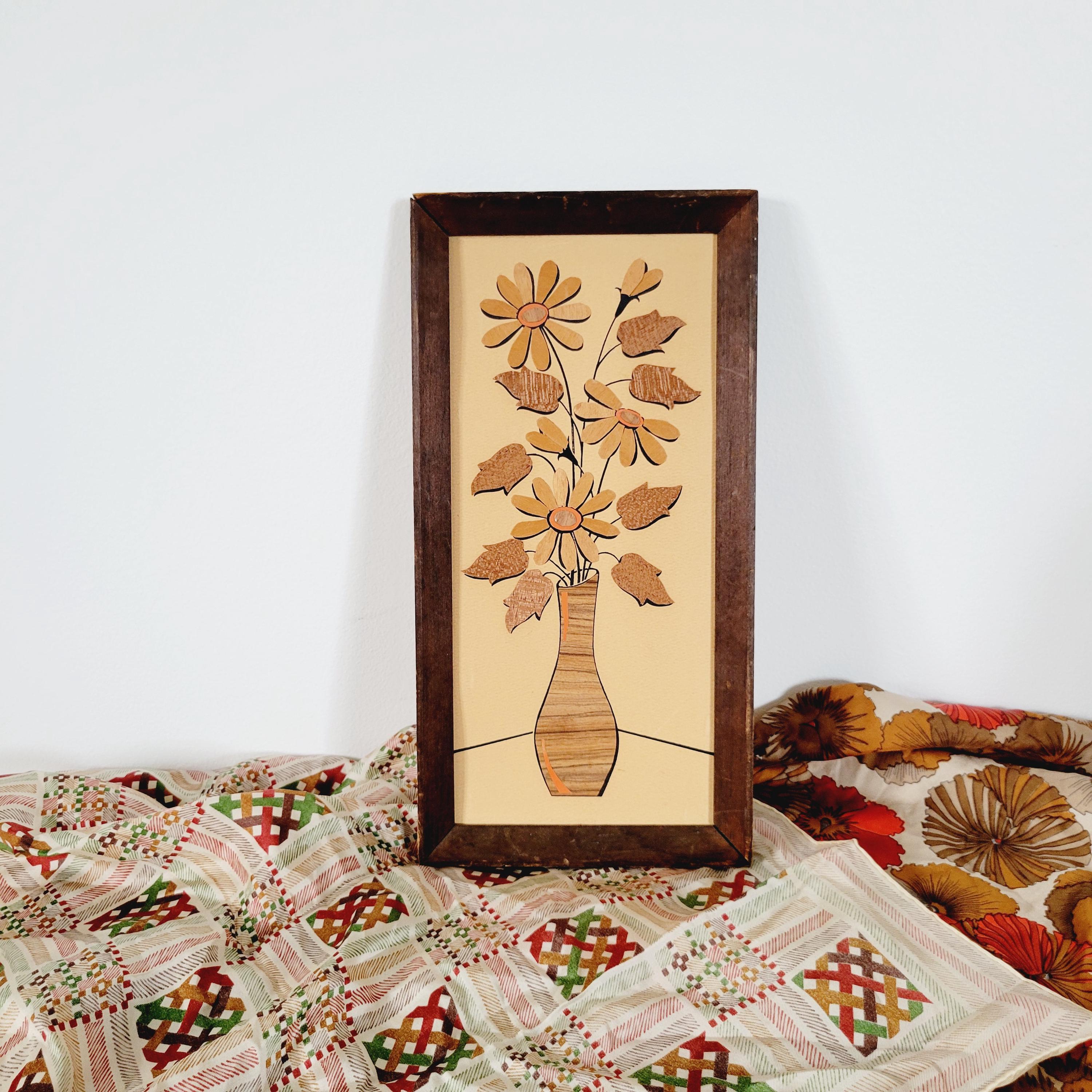 70s Boho Balsa Wood Floral Tiki Art. Kitschy Floral Wall Hanging