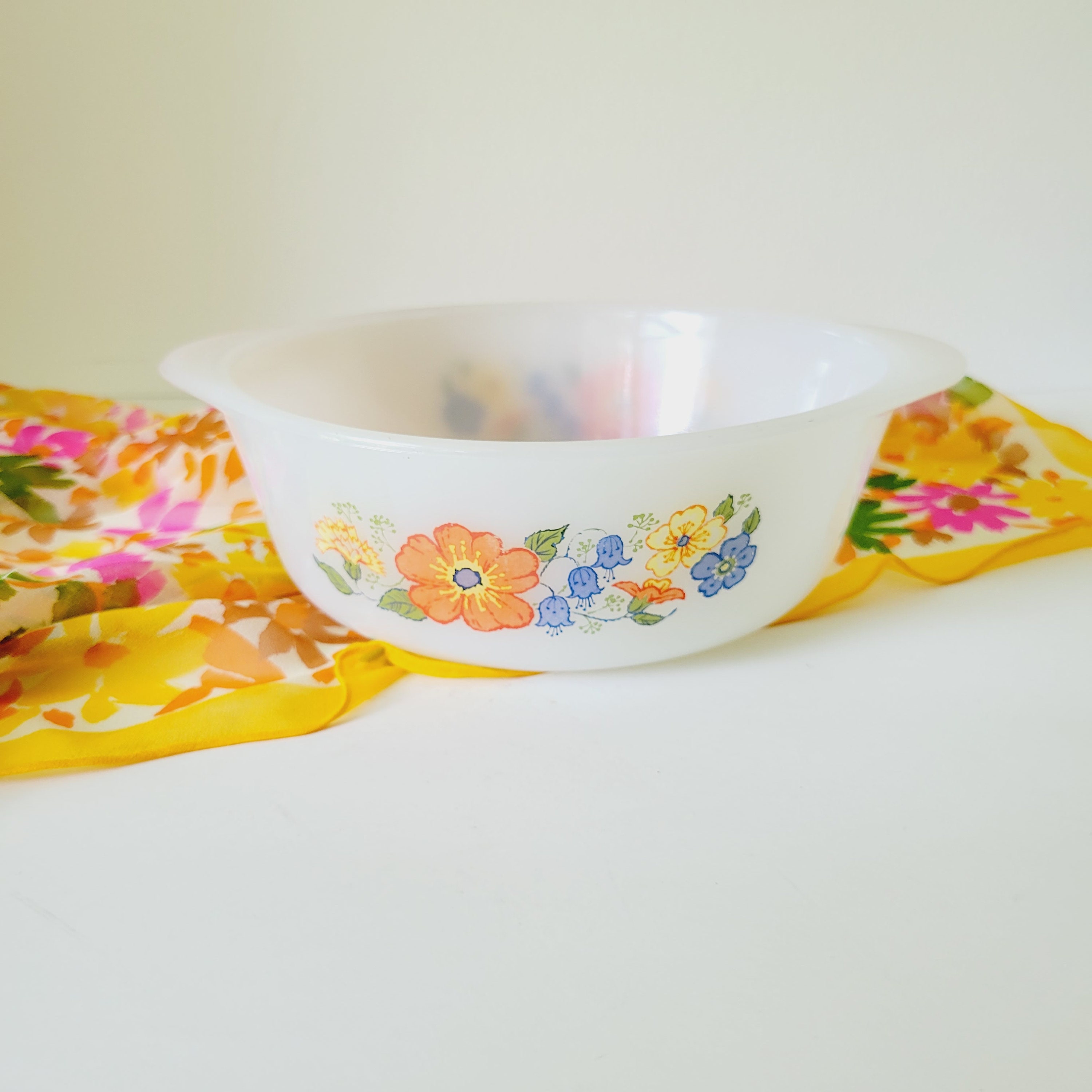 Vintage Pyrex Friendship Bowl, White Milk Glass With Floral Design