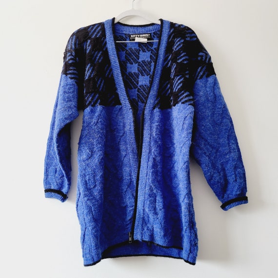 80s Soft Cobalt Blue Checkered Cardigan. Black an… - image 10