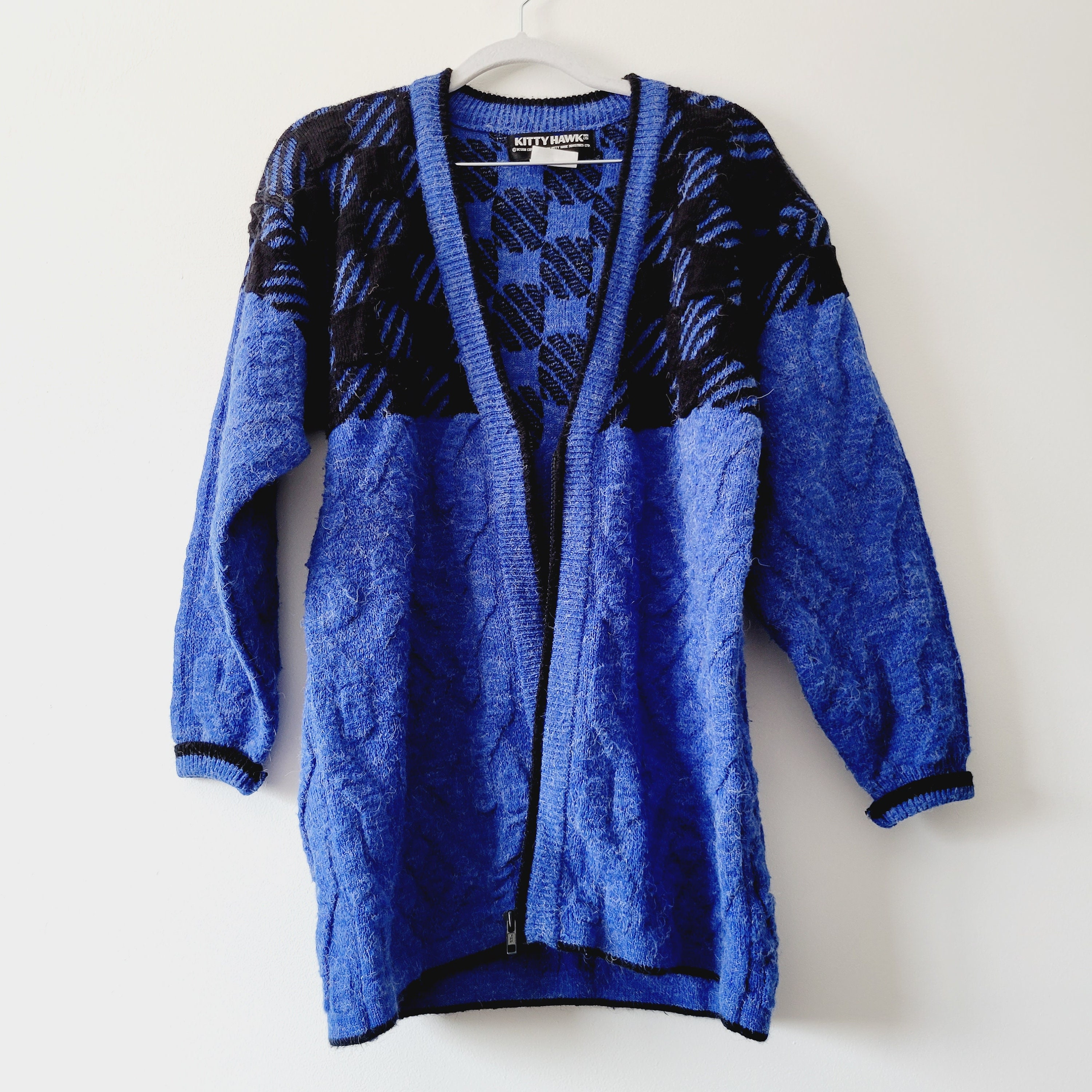 80s Soft Cobalt Blue Checkered Cardigan. Black and Blue