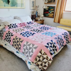 40s Pinwheel Grid Patchwork Farmhouse Quilt. Colorful Antique Handmade Quilted Blanket. Vintage Cottagecore Mixed Print Queen/Full Bedding