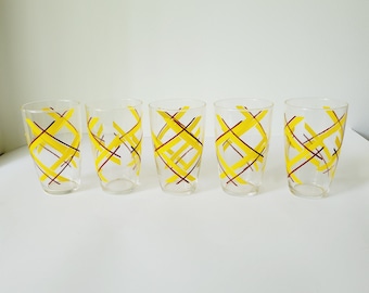 Vintage Yellow & Brown Stripe Tumblers, Set of 5, Retro Drinking Glasses