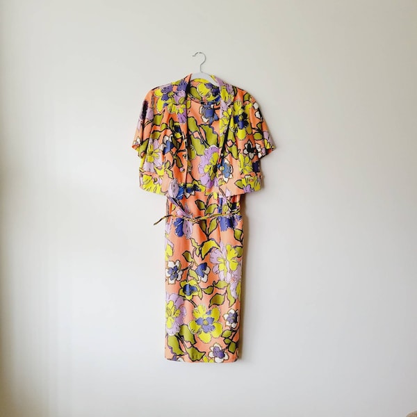 Vintage 70s Floral Dress Set - Matching Top and Midi Skirt - Retro Peach and Purple Print
