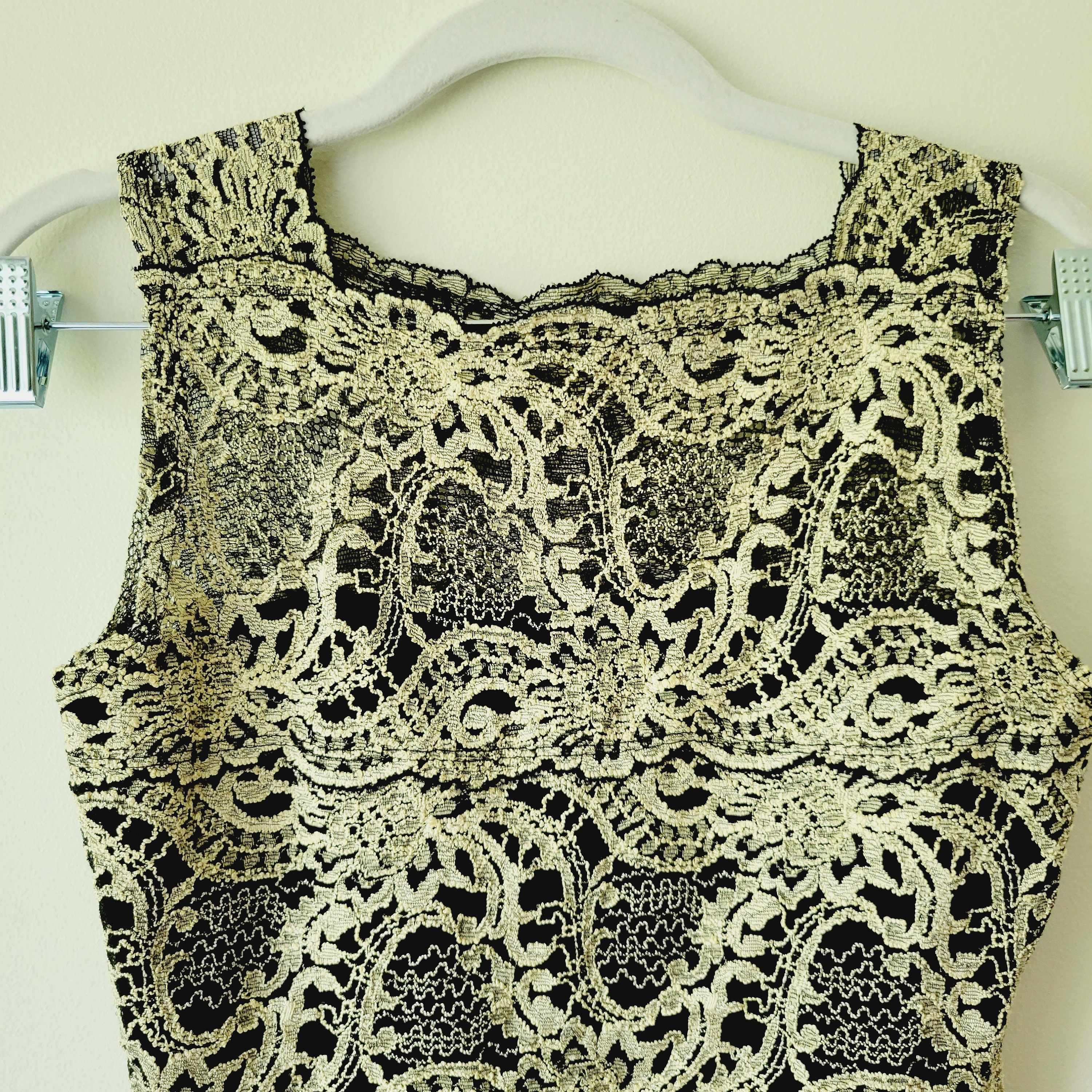 Vintage 90s Sleeveless Blouse Square Neck Lace Tank Top. Kay Celine  Stretchy Black and Taupe Lace Y2k/90s Tank With Sheer Back 