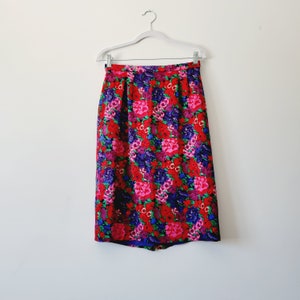 Bright Floral Print Silk Pencil Skirt. Vintage Jewel-Toned Girly Skirt. Vibrant Pink and Purple Flower Power Skirt