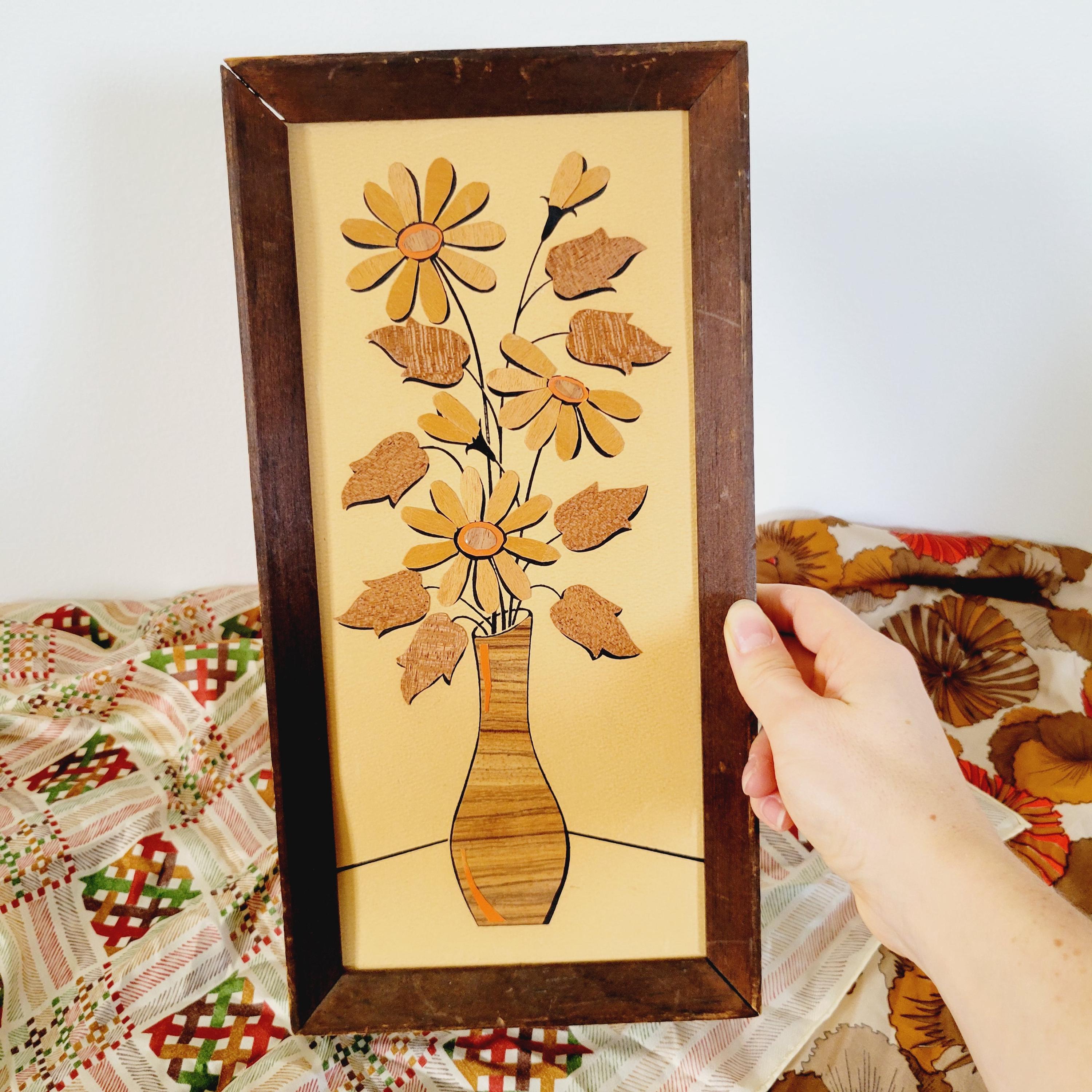 70s Boho Balsa Wood Floral Tiki Art. Kitschy Floral Wall Hanging
