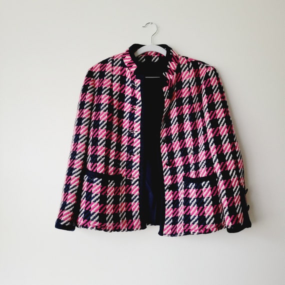 Vintage Tailored Checkered Plaid Blazer. Electric Pink Black and White Gingham Statement Blazer. Quiet Luxury Plaid Wool Fitted Jacket Etsy