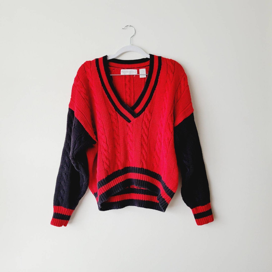 Vintage 90s Colorblock Cable Knit Sweater: Red & Black Cotton