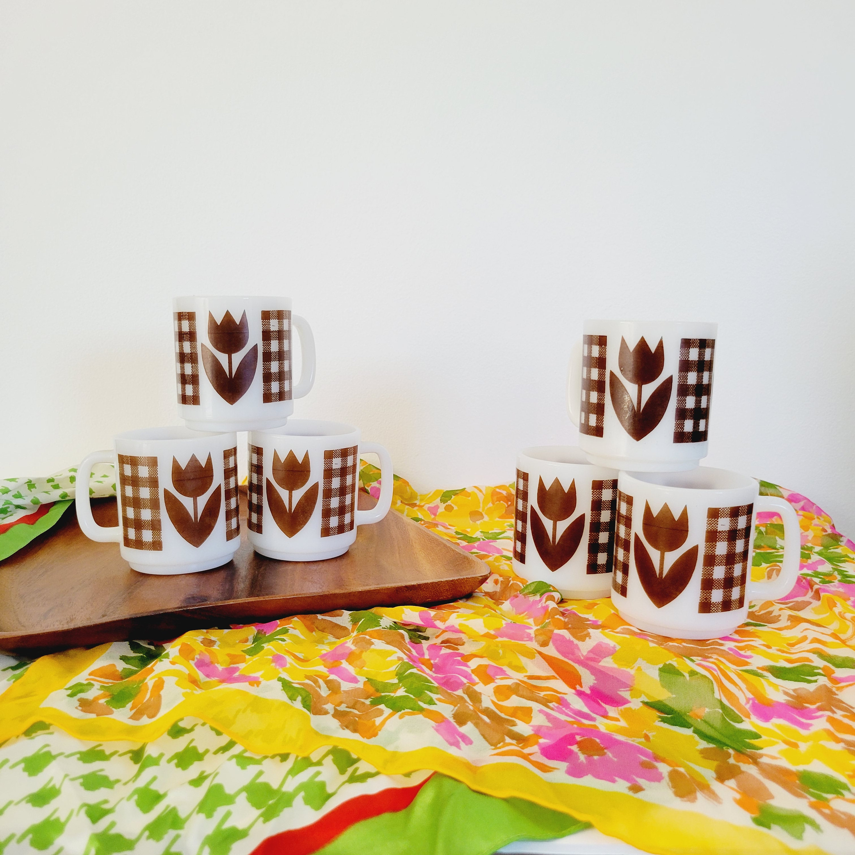 6 Glasbake Milk Glass Tulip and Gingham Mugs. Vintage Stacking Mug Set.  Retro Floral Drinkware. Matching Cottagecore Coffee Cups - Etsy