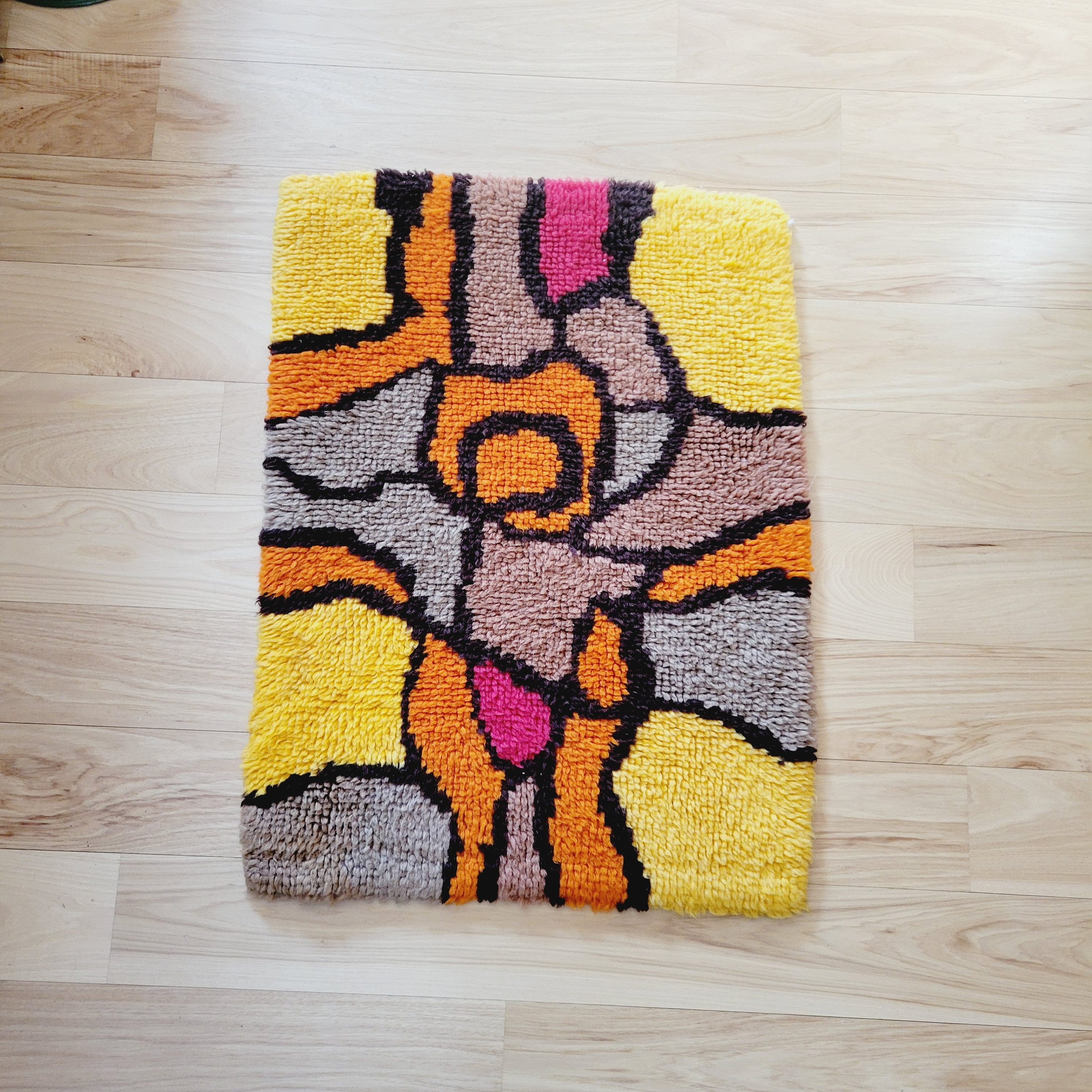Vintage Shag Rug, Colorful Abstract Floral Design, 70s Style Area