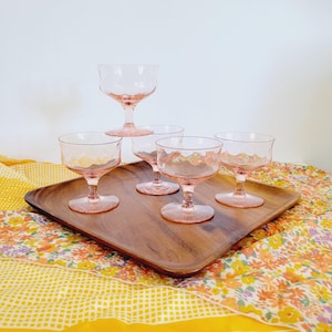 5 Pink Tiffin-Franciscan Crystal Champagne Coupes. Retro Shape Tulip Stemware. Vintage Colored Glassware Set. Home Bar Cocktail Glasses