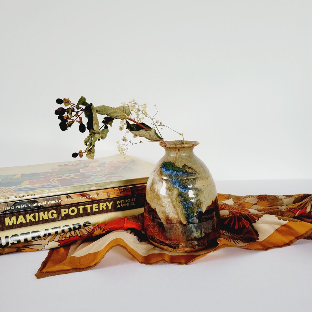 Vintage Studio Pottery Vase, Earth Tone Glazed Ceramic Bud Vase, Rustic ...