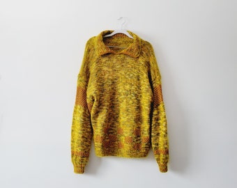 Soft Chartreuse and Gold Marled Knit Checkerprint Sweater. Mixed Texture Vintage Pullover. Bright Hand-Knit Sweater with Peter Pan Collar