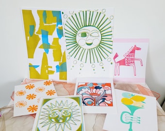 Vintage-Inspired Bright Risograph Prints - Select One or More. Boho Sun Riso Print. Neon Fine Art Print. Hand-drawn Psychedelic Riso Art