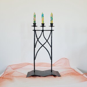 Tall Wrought Iron Criss-Cross Candelabra. Rustic Vintage Curved Metal Candle Holder. 3-Pronged Brutalist Candelabra Wavy Base Centerpiece