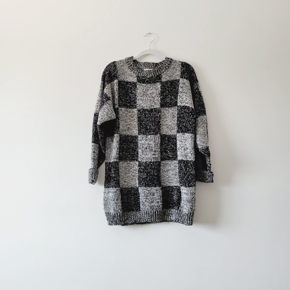 Vintage 80s Checkerboard Knit Sweater Dress - Oversized Black White Checkered Pullover