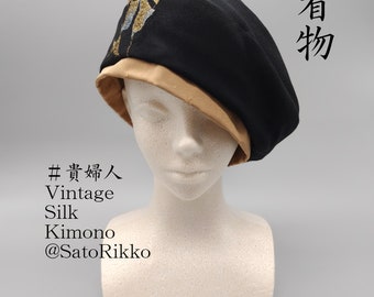 Silk beret, one size fits all 60cm 23.6inch, Kimono remake, Black, Gold and silver, Obi, Handmade, One of a kind, Made in Japan