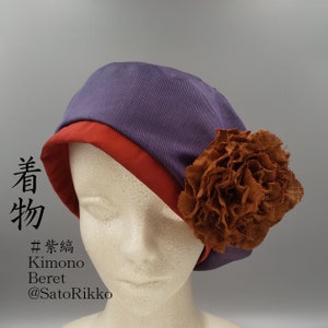Vintage Silk Kimono, Pin Stripe Beret, Purple Beret, Obi, Ladies Beret, Beautiful Beret, Japanese Hat, Handmade, Corsage, Elegant Hat