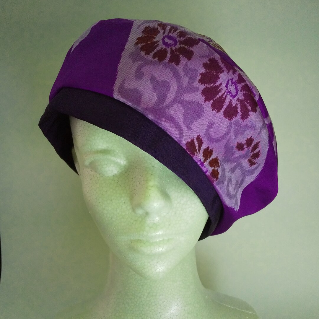 Elegant Kimono Beret, Silk Hat, Purple Hat, Corsage, Vintage Silk Beret ...