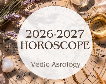 May include: A circular chart featuring the text 2026-2027 HOROSCOPE Vedic Astrology, surrounded by purple lavender sprigs, a clear glass sphere, a gold-toned metal ring, and several white quartz crystals resting on a draped champagne-coloured fabric.