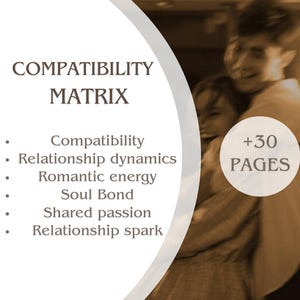 Könnte beinhalten: Das Bild zeigt den Text "COMPATIBILITY MATRIX" und Themen, die sich auf Beziehungen beziehen. Im Hintergrund ist ein verschwommenes Bild eines Paares zu sehen. Der Text "+30 PAGES" befindet sich in einem Kreis.