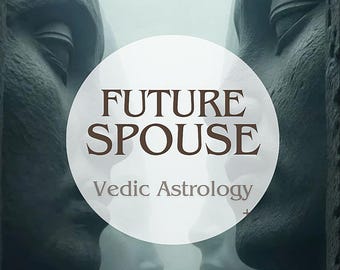 Peut inclure: Image avec deux visages en pierre grise encadrant un cercle blanc avec les mots "FUTURE SPOUSE" en marron. Le texte "Vedic Astrology" est visible en dessous. Le fond est gris brumeux.