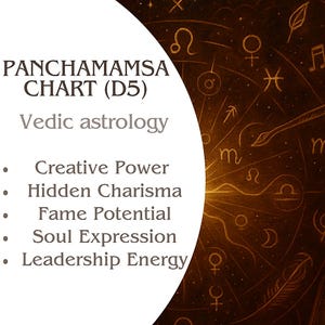 May include: A graphic with the text "PANCHAMAMSA CHART (D5)" and "Vedic astrology." The image features a circular design with astrological symbols in shades of brown and gold. Text lists "Creative Power," "Hidden Charisma," and other concepts.
