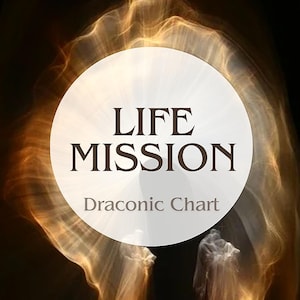 May include: A circular white graphic overlay centered on a dark background with golden, smoke-like wisps. The text LIFE MISSION is printed in large, dark serif letters, with the smaller text Draconic Chart positioned directly underneath it.